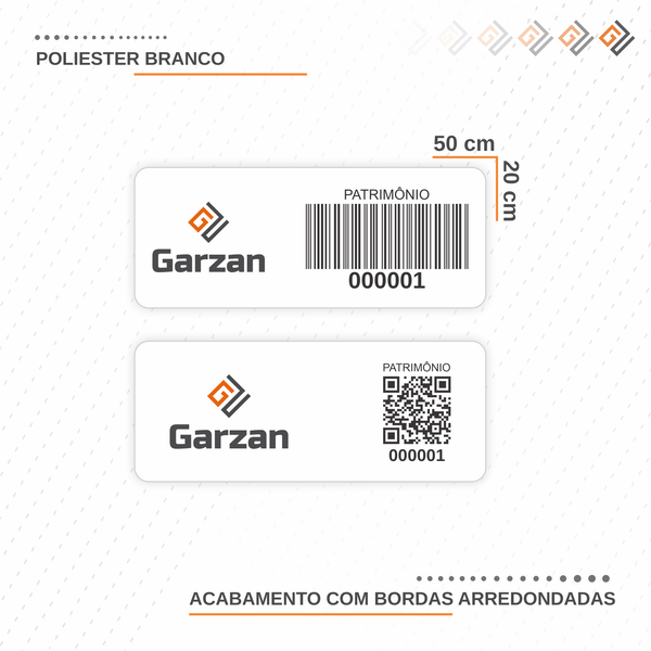 Etiqueta de Patrimônio Ativo Fixo em Poliéster Branco 50x20 mm
