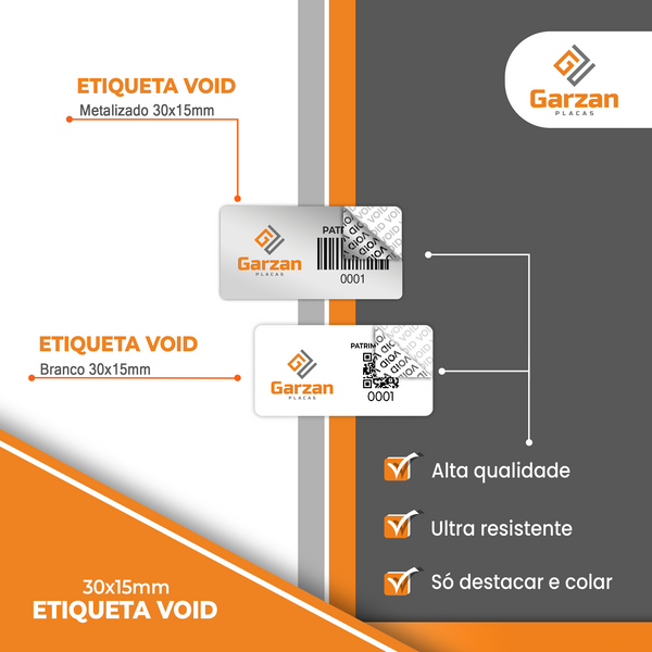 Lacre Patrimonial Ativo Fixo em Etiqueta VOID Prata 30X15 mm