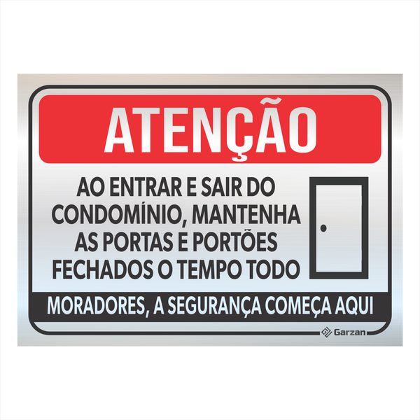 Placa de Sinalização Mantenha as Portas e Portões Fechados em Alumínio