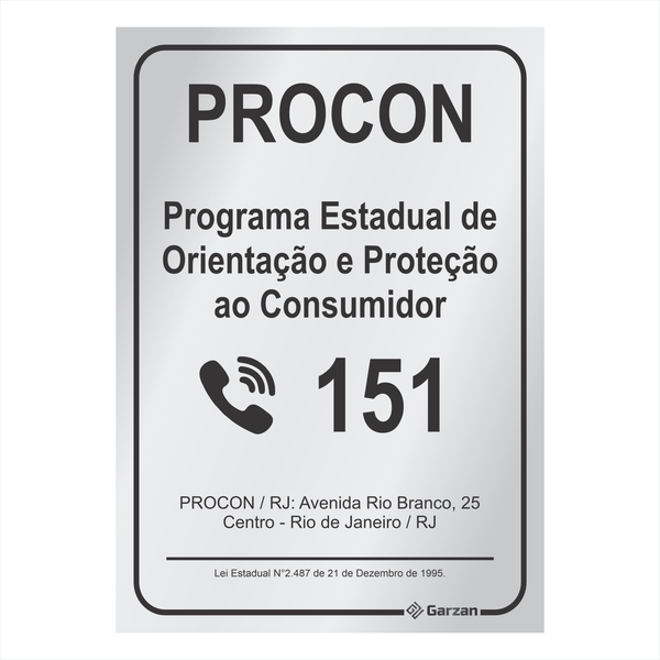 Placa de Sinalização Para Leis - Procon RJ - em Alumínio