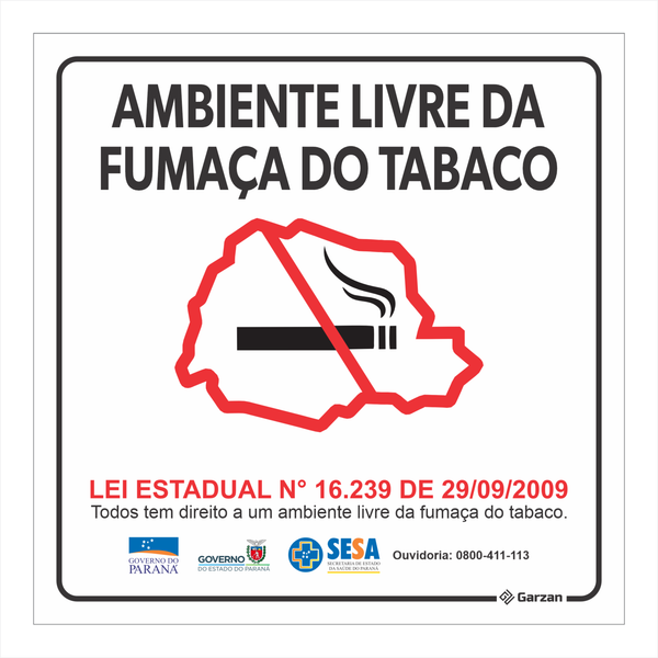 Placa de Sinalização "Ambiente Livre da Fumaça de Tabaco"